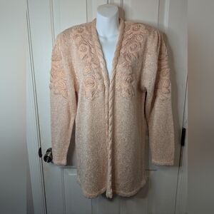 Vintage Madeleine Beaded Knit Open Peach/Pink Cardigan Shoulder Pads, Small